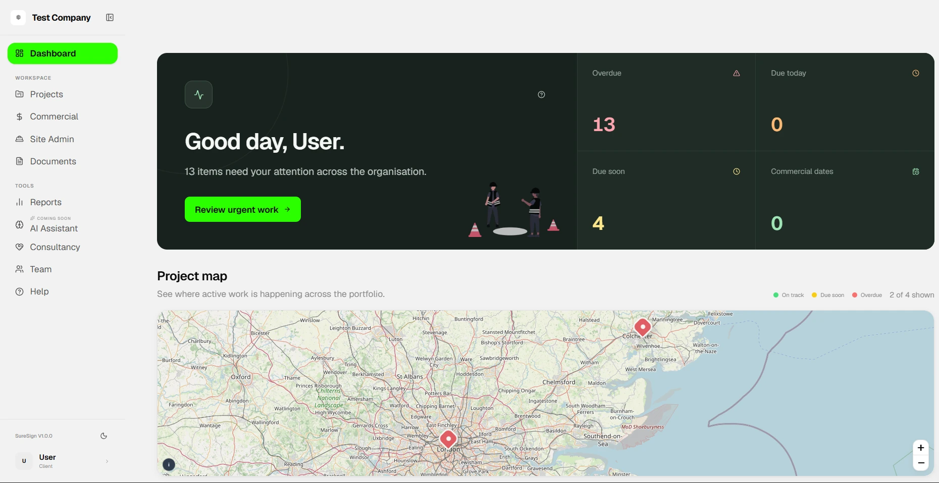 SureSign project dashboard showing overdue and due-soon items and a live project map
